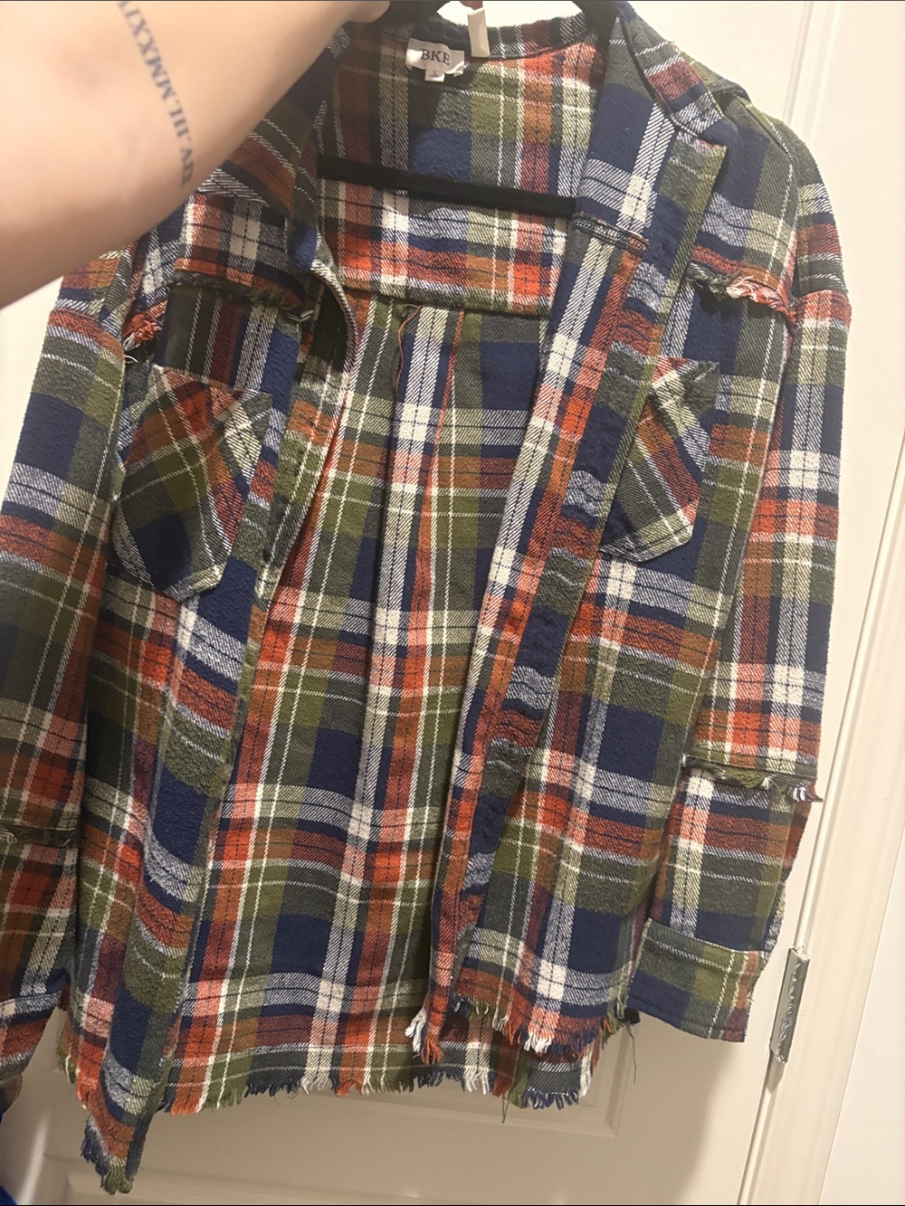 BKE Women's Plaid Button-Down Shirt Jacket - Olive, Navy & Orange